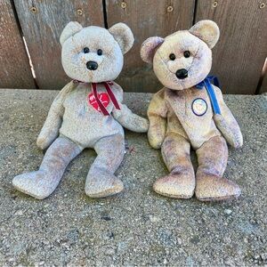TY Clubby III and Signature 1999 Beanie Baby Plush Teddy Bear Set Cream Tan